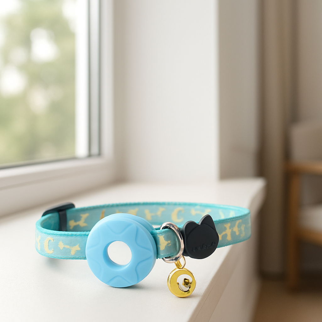 Collier GPS chat bleu ciel sur table