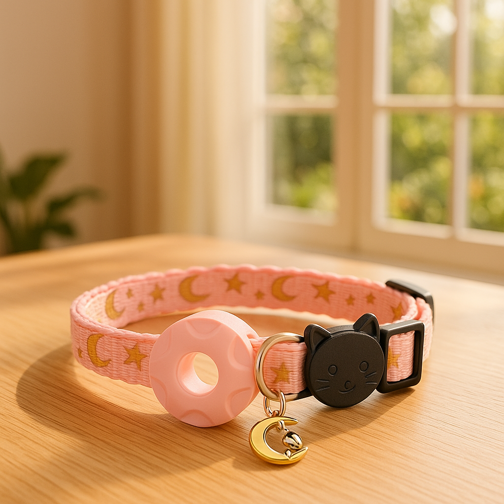 Collier GPS chat rose sur table