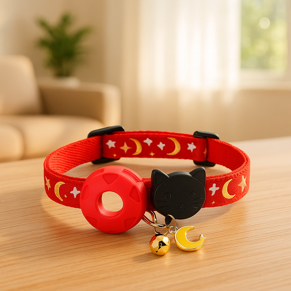 Collier GPS chat rouge sur table