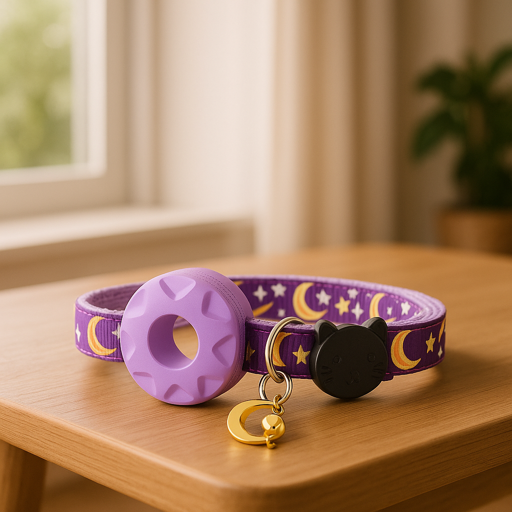 Collier GPS chat violet sur table
