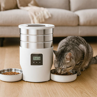 Distributeur de croquettes pour chat blanc type bouton
