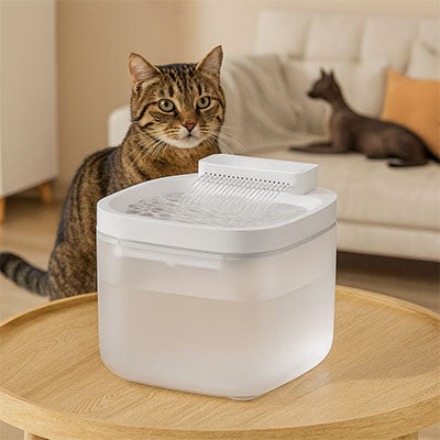 Fontaine eau chat blanc sur table