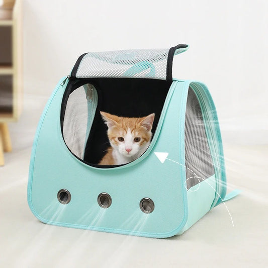 Sac a dos chat bleu ciel ouvert avec trois trou
