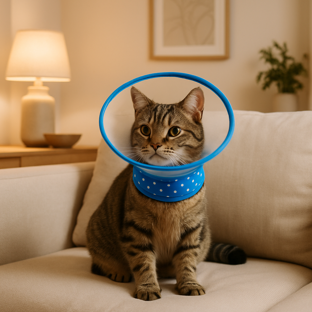 Collerette Chat bleu assis sur canape