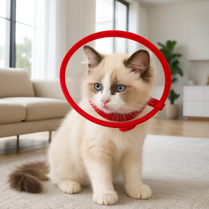 Collerette Chat rouge sur cou assis sur un tapis