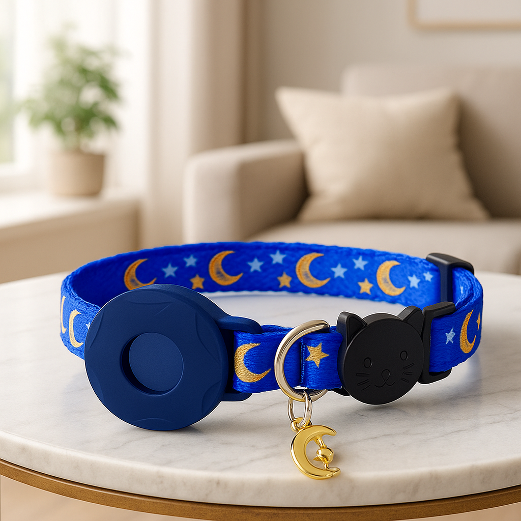 Collier GPS chat bleu royal sur table