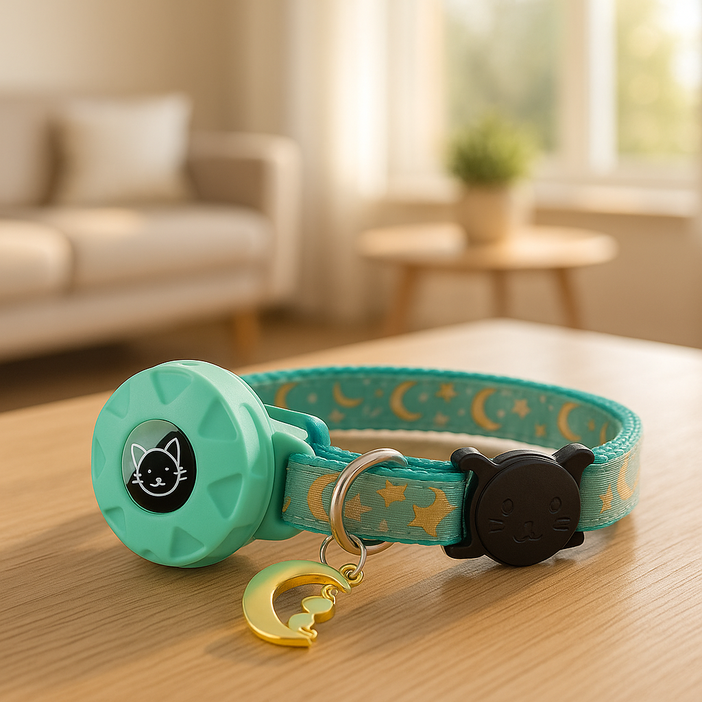 Collier GPS chat vert sur table