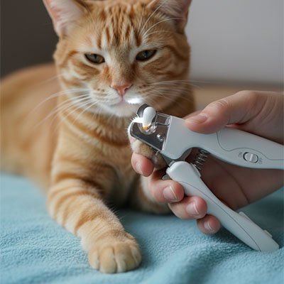 Coupe griffe Chat coucher sur drap bleu