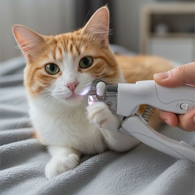 Coupe griffe Chat coucher sur drap gris