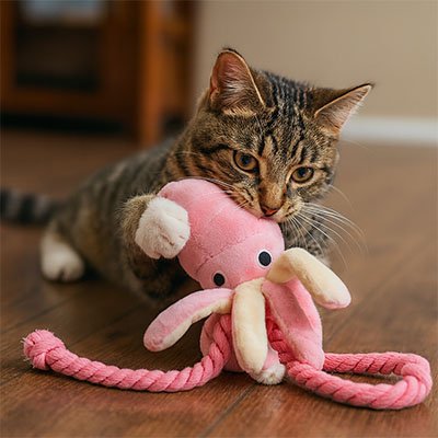 Jeux pour chat pieuvre rose dans la bouche