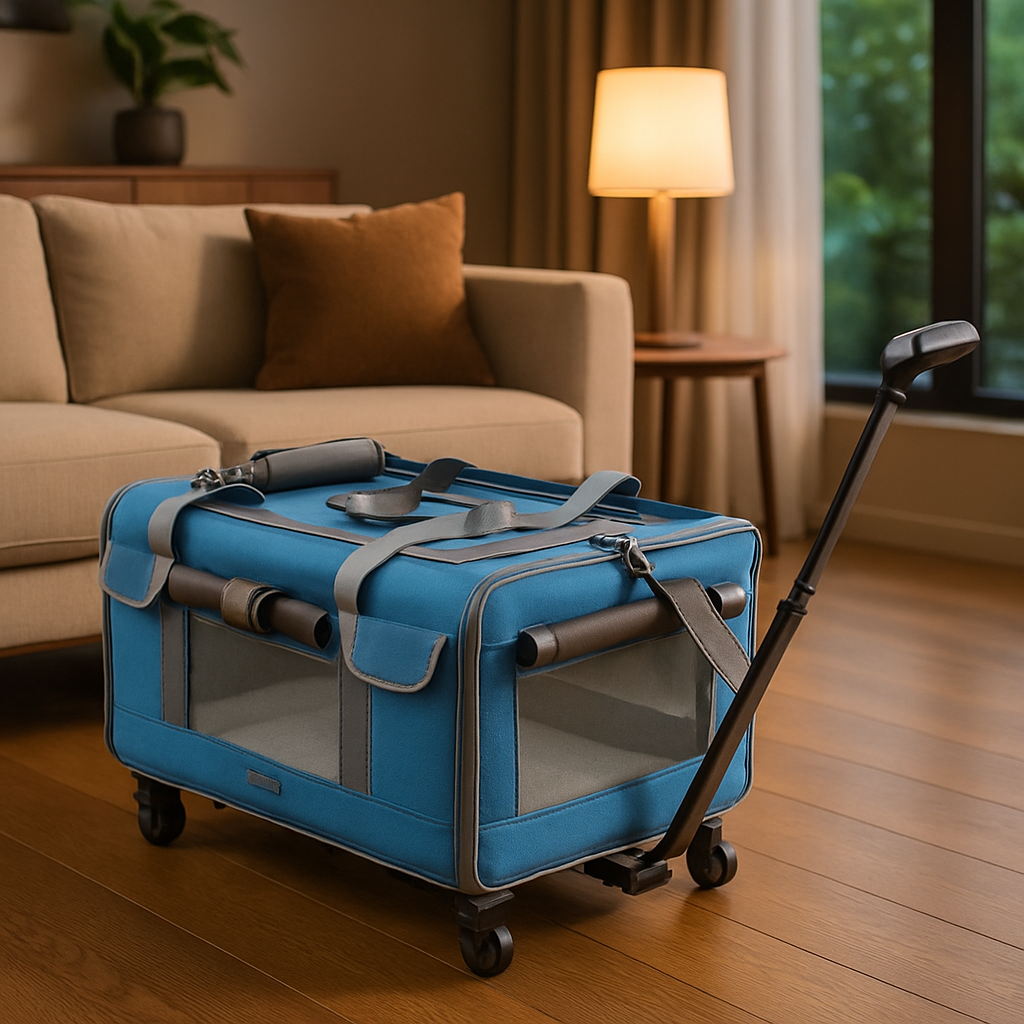 Sac Transport Chat bleu dans le salon