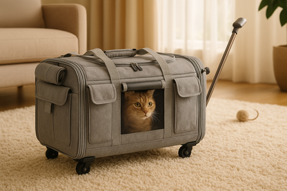Sac Transport Chat gris dans le salon