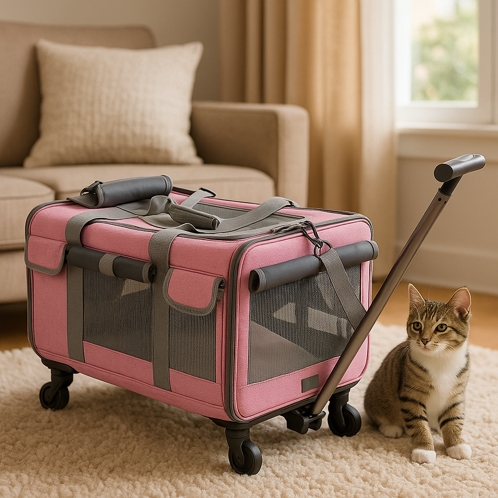 Sac Transport Chat rose dans le salon