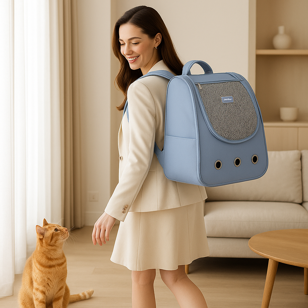 Sac a dos chat avec trois trou de couleur bleu ciel