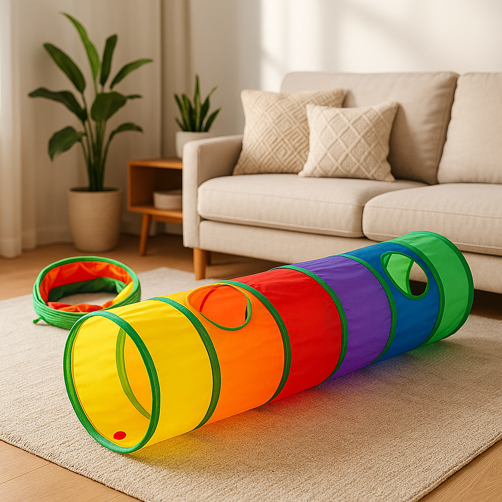 Tunnel pour chat arc en ciel dans salon