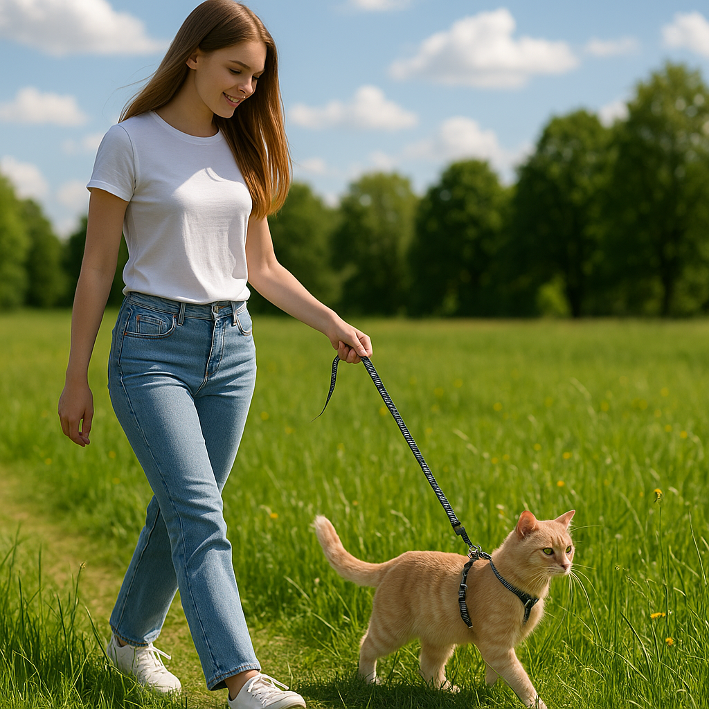 harnais chat noir dans une prairie