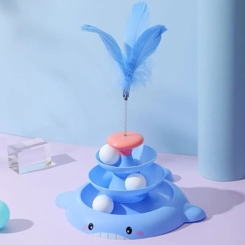 jouet pour chat plume bleu balle blanc